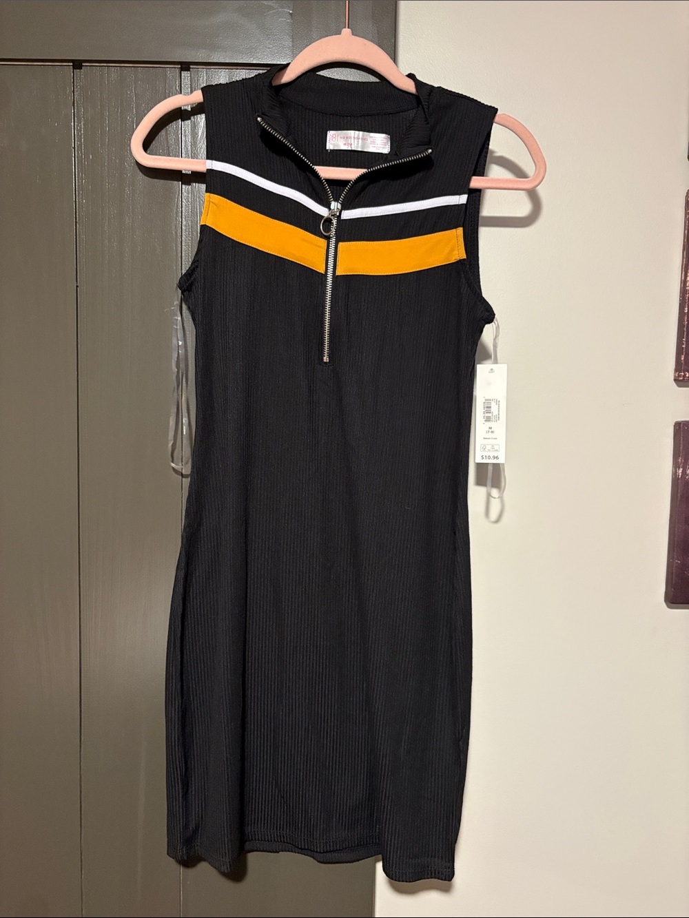 No Boundaries Black Sleeveless Mini Dress with Yellow and White Stripes